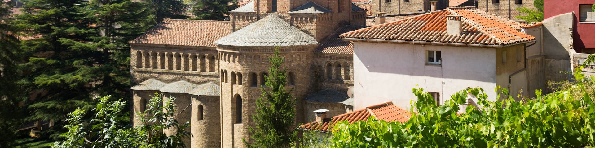A historic town with medieval architecture, including a prominent tower and a church with a tiled roof.