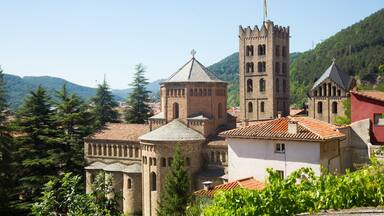 Un pueblo histórico con arquitectura medieval, que incluye una torre destacada y una iglesia con tejado de tejas.
