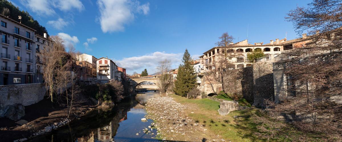 A river with buildings on both sides, a stone bridge, and trees.