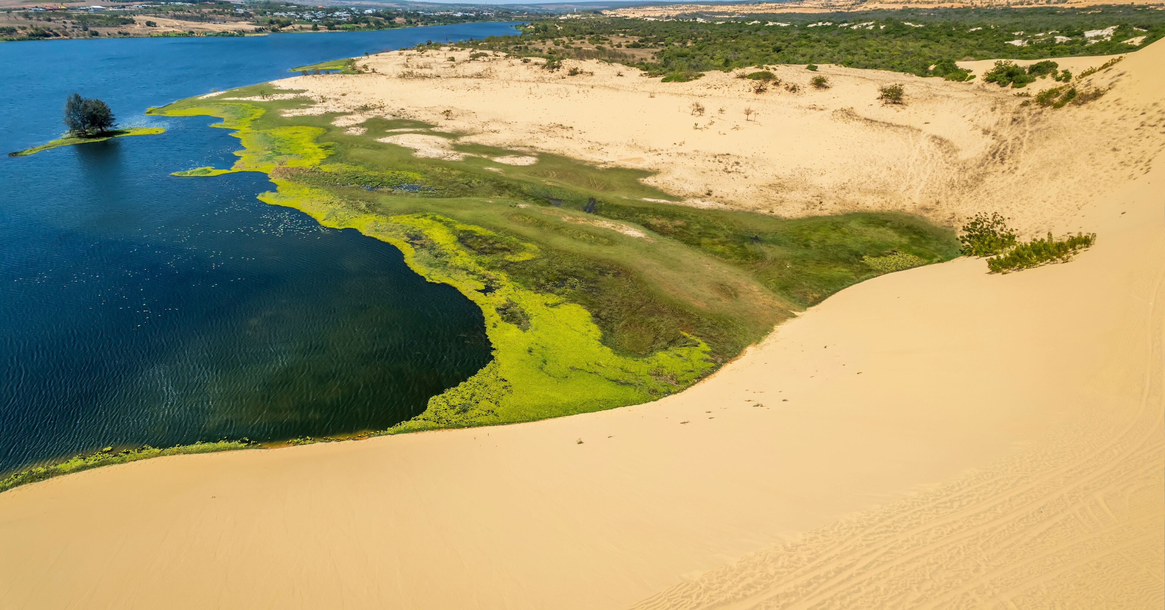 Stark geographical contrast between sand and water near Mui Ne, Vietnam Mui Ne Desert of Vietnam is a desert in Southeast Asia