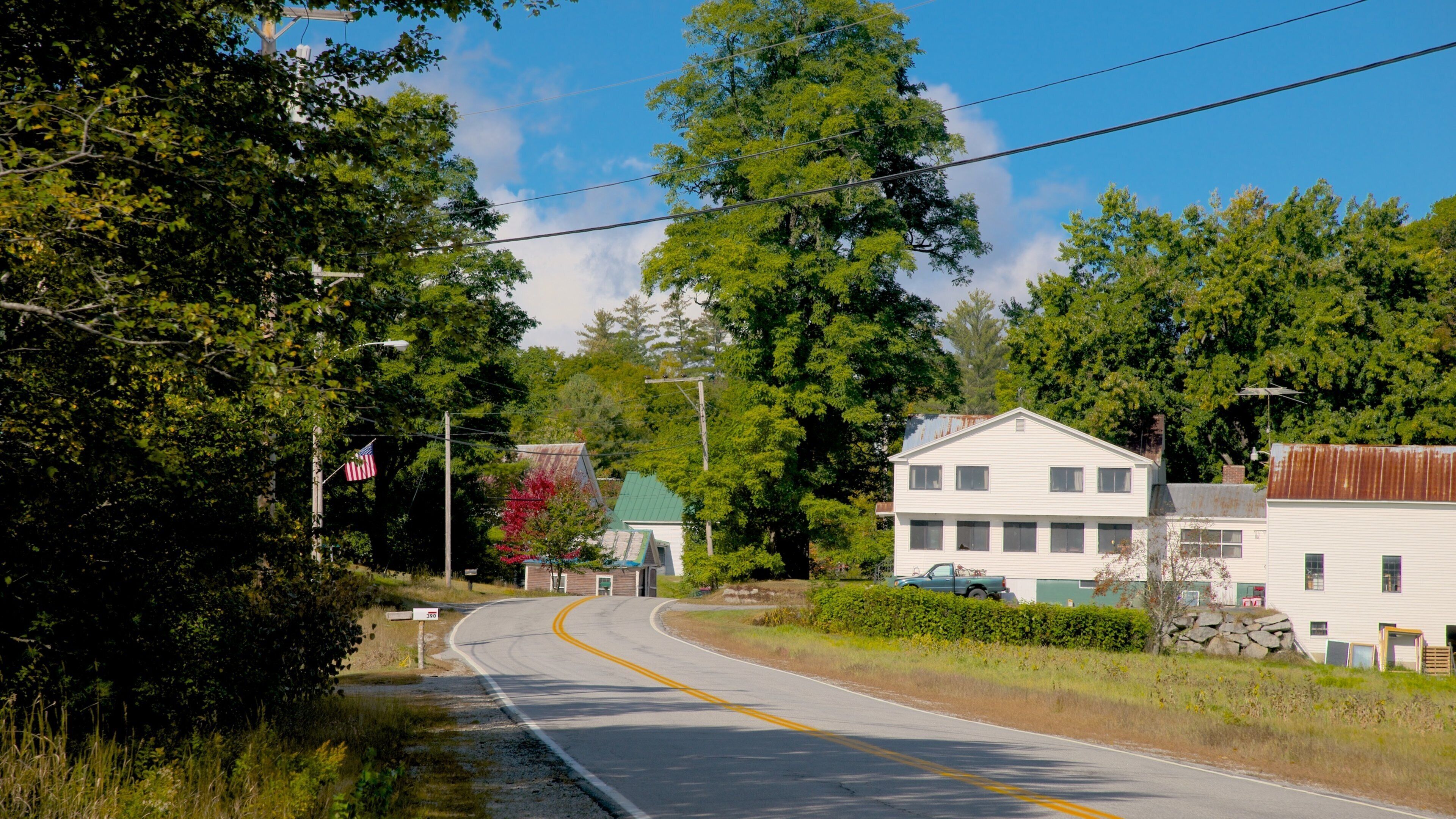 A rural road curving through a wooded area with houses and a clear sky.
