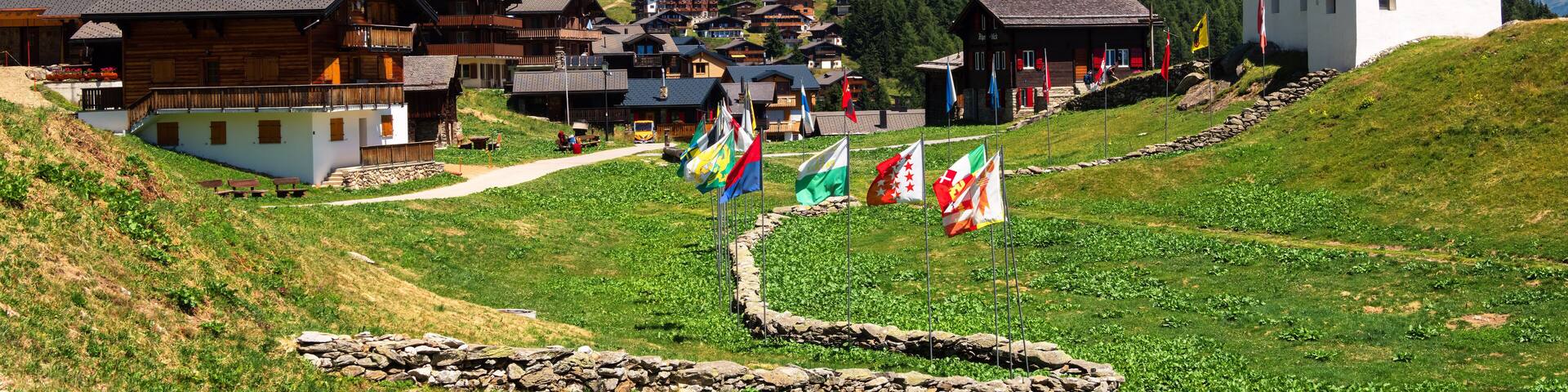 Bettmeralp, Switzerland - July 16, 2022: Idyllic tourist resort of Bettmeralp is located in the Bernese Alps on the northern slope above the Rhone Valley in Upper Valais in Switzerland