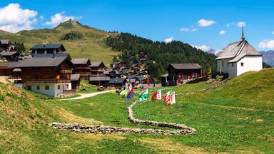 Bettmeralp, Switzerland - July 16, 2022: Idyllic tourist resort of Bettmeralp is located in the Bernese Alps on the northern slope above the Rhone Valley in Upper Valais in Switzerland