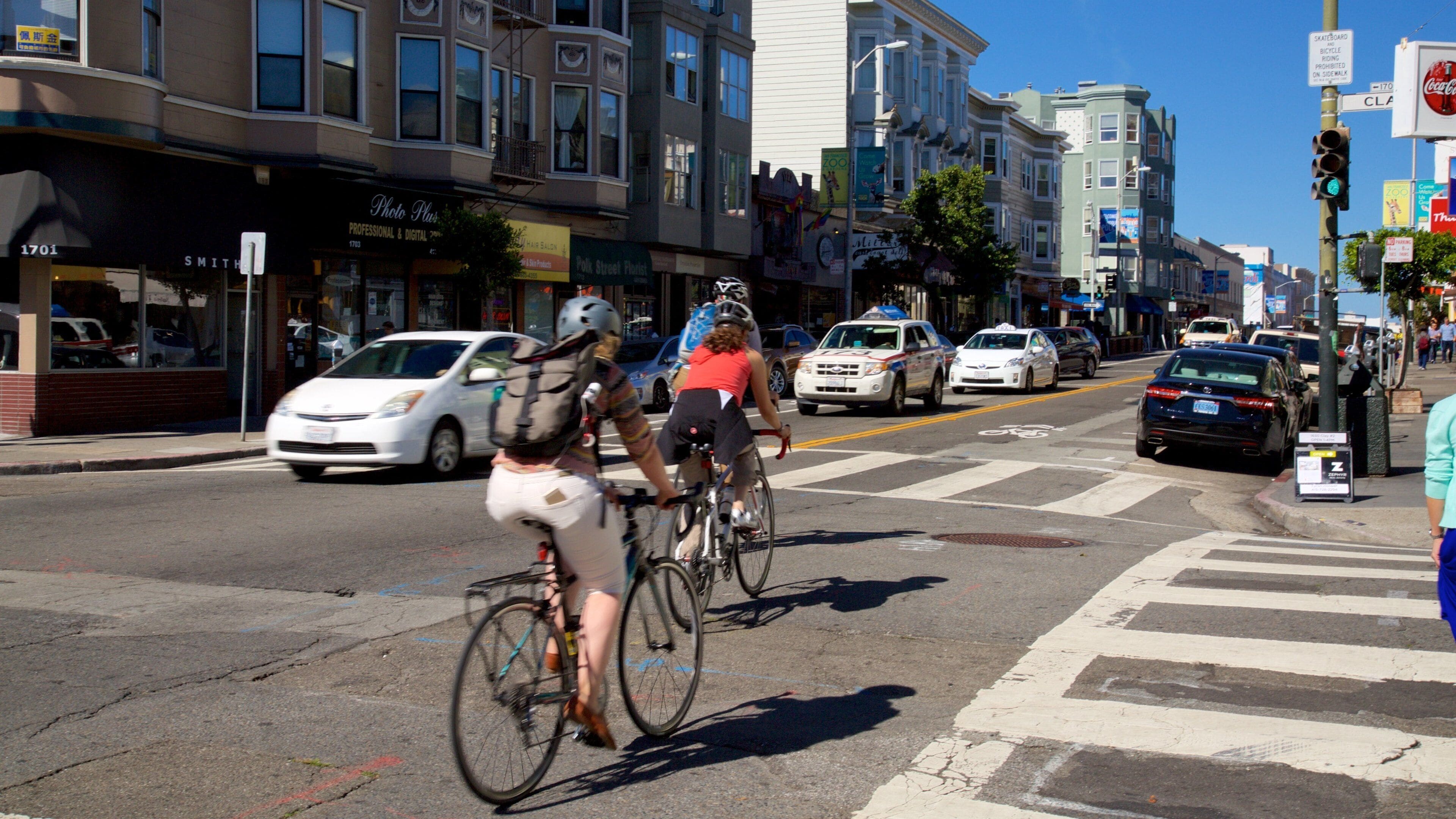 Polk Gulch which includes a city, city views and cycling