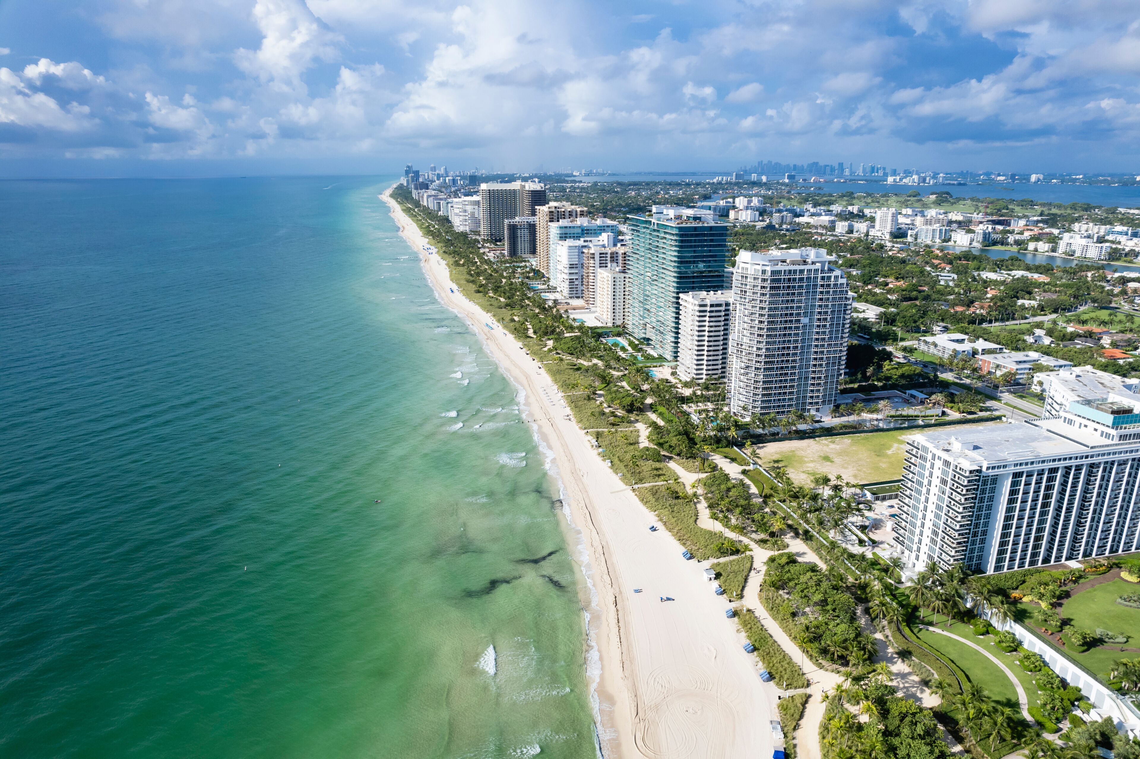Miami Beach, Florida, USA - Aerial of the Miami Beach skyline, running from Bal Harbour to Surfside and all the way to North Beach.