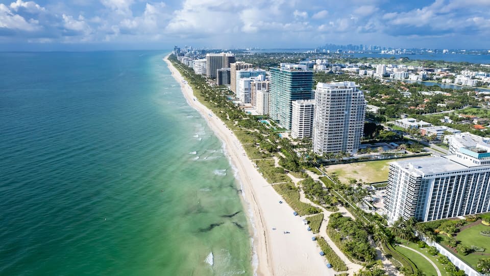 Miami Beach, Florida, USA - Aerial of the Miami Beach skyline, running from Bal Harbour to Surfside and all the way to North Beach.