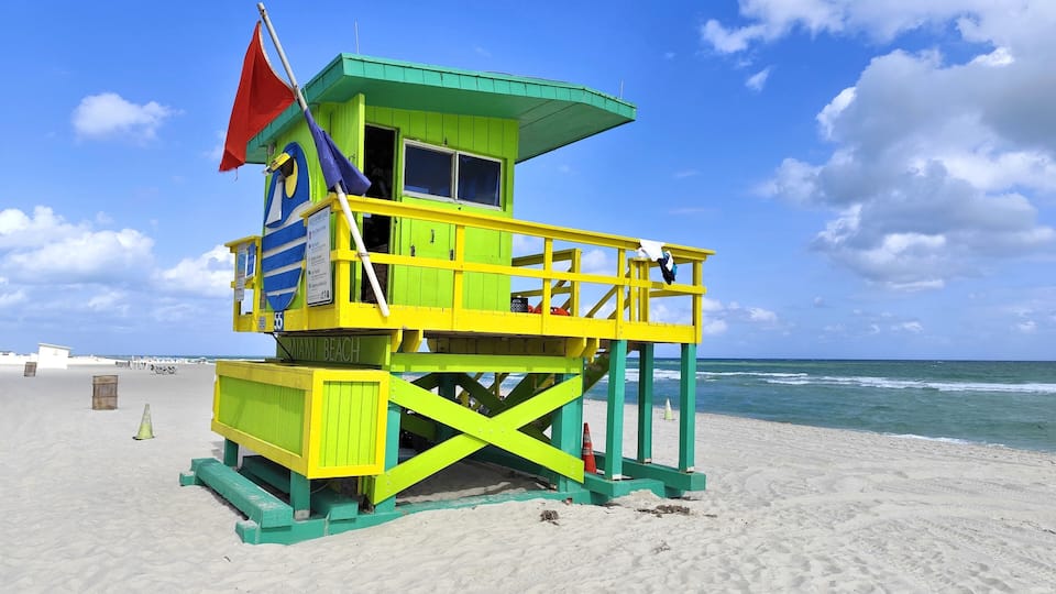 Lifeguard tower at Miami Beach, North Beach, Florida by Atlantic Ocean