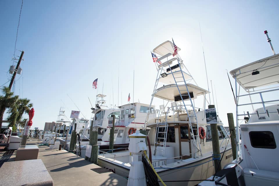 A marina with several boats docked, featuring American flags and lifebuoys.