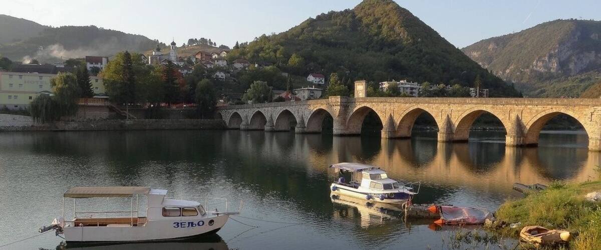 The 11-arch bridge on the Drina river entered Unesco World Heritage List in 2007 . Dates back to the 1570's... today only pedestrians can cross it and is free to visit. . Visegrad , eastern BiH .