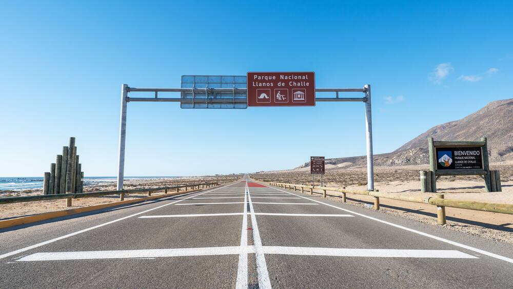 Llanos de Challe National Park road entrance or sign in Atacama Region, Chile