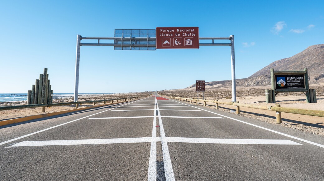 Llanos de Challe National Park road entrance or sign in Atacama Region, Chile