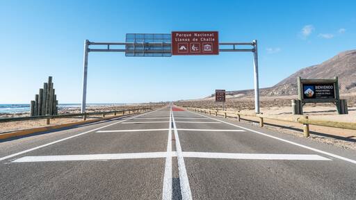 Llanos de Challe National Park road entrance or sign in Atacama Region, Chile