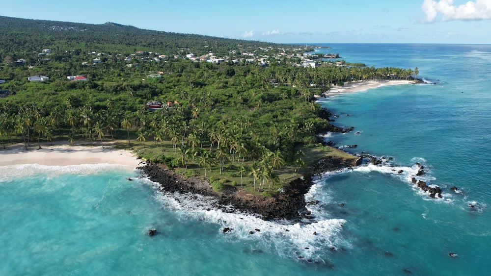 Beach, palm trees and volcanic rocks, Mitsamiouli, Grande Comore, Comoros
