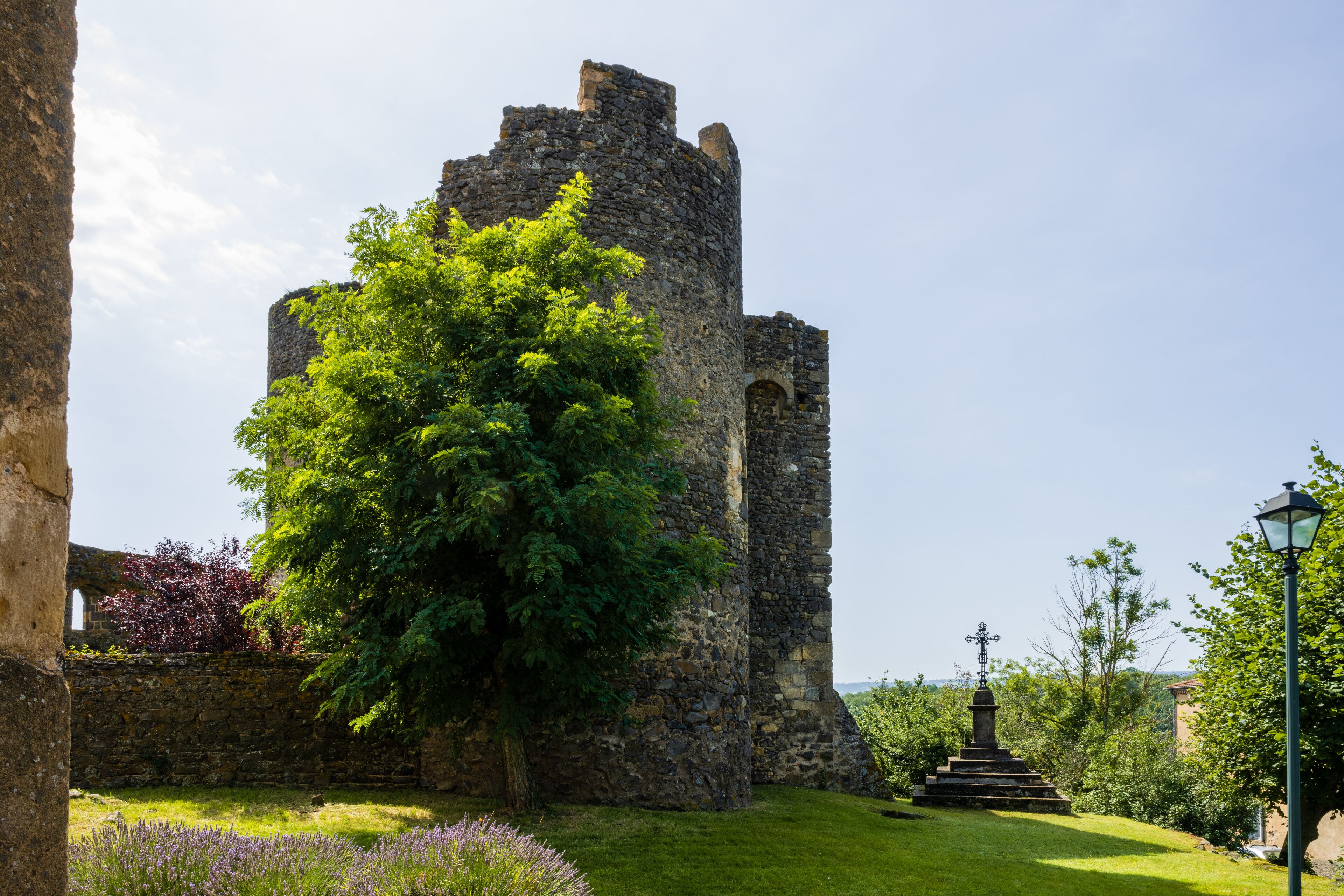 A historic stone castle surrounded by lush greenery and a well-maintained lawn.
