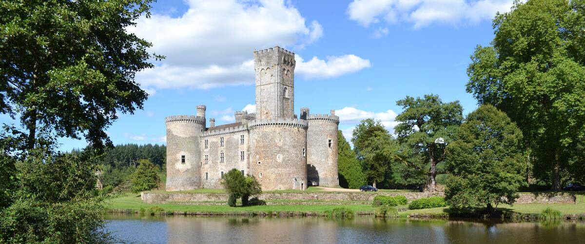 A castle with a tower, surrounded by trees and a body of water.