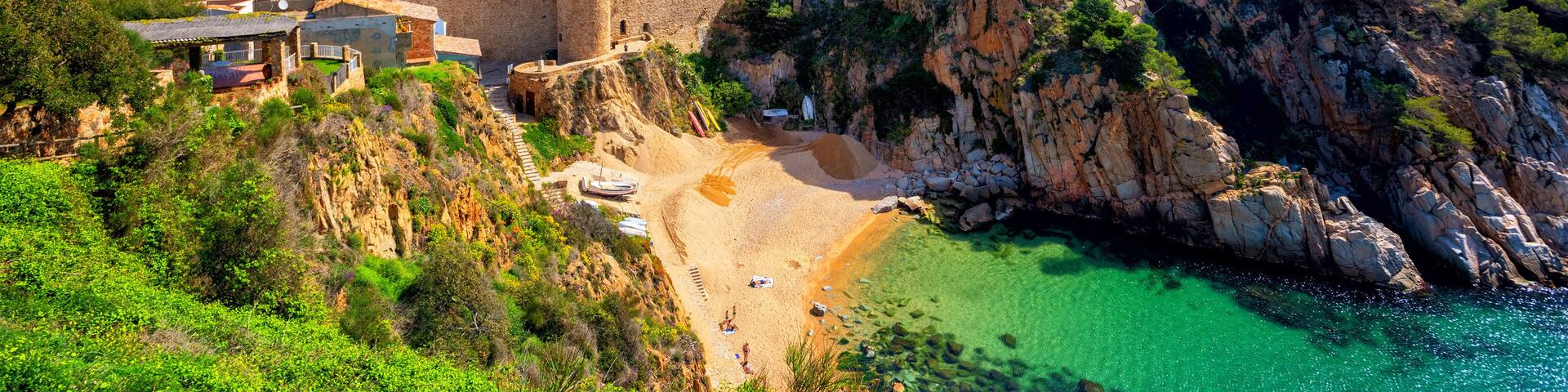 Tossa de Mar, sand beach and Old Town walls, Catalonia, Spain