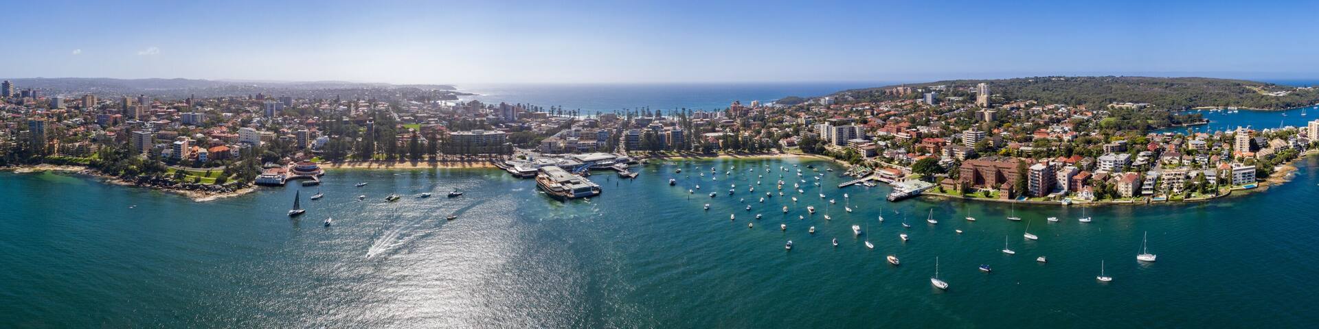 Aerial panoramic view of the Manly Wharf and harbour in Sydney, Australia