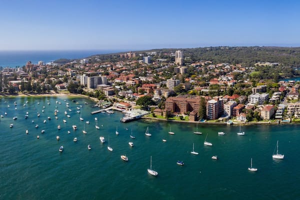 Aerial panoramic view of the Manly Wharf and harbour in Sydney, Australia