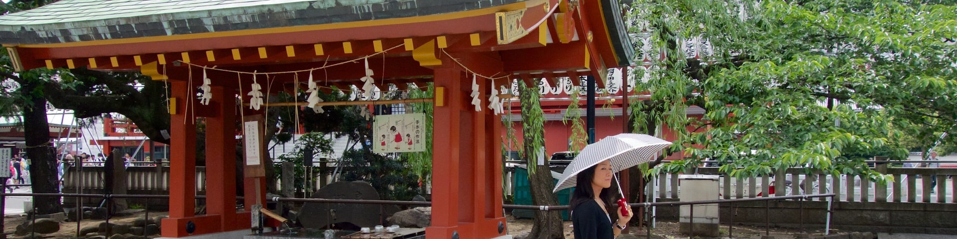 Asakusa Shrine showing a temple or place of worship as well as an individual femail