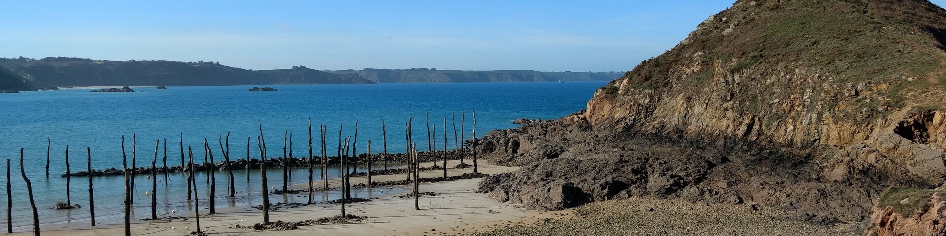 Una playa rocosa con madera a la deriva, mar tranquilo y una colina al fondo.