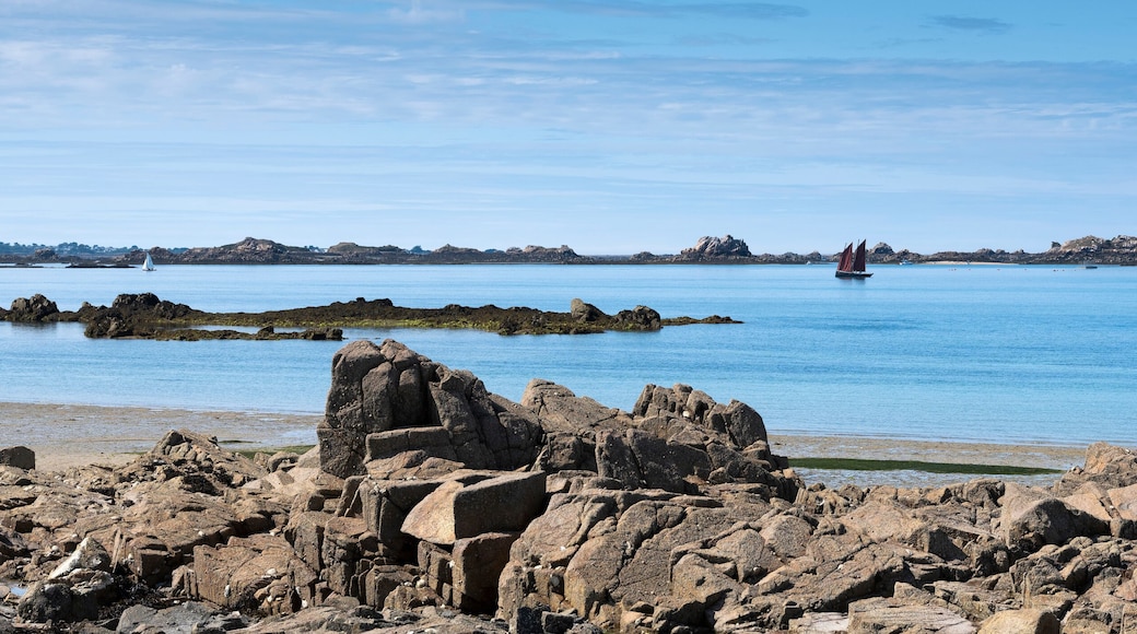 rocks and beach near ile de Bréhat in the north of brittany in france under blue sky