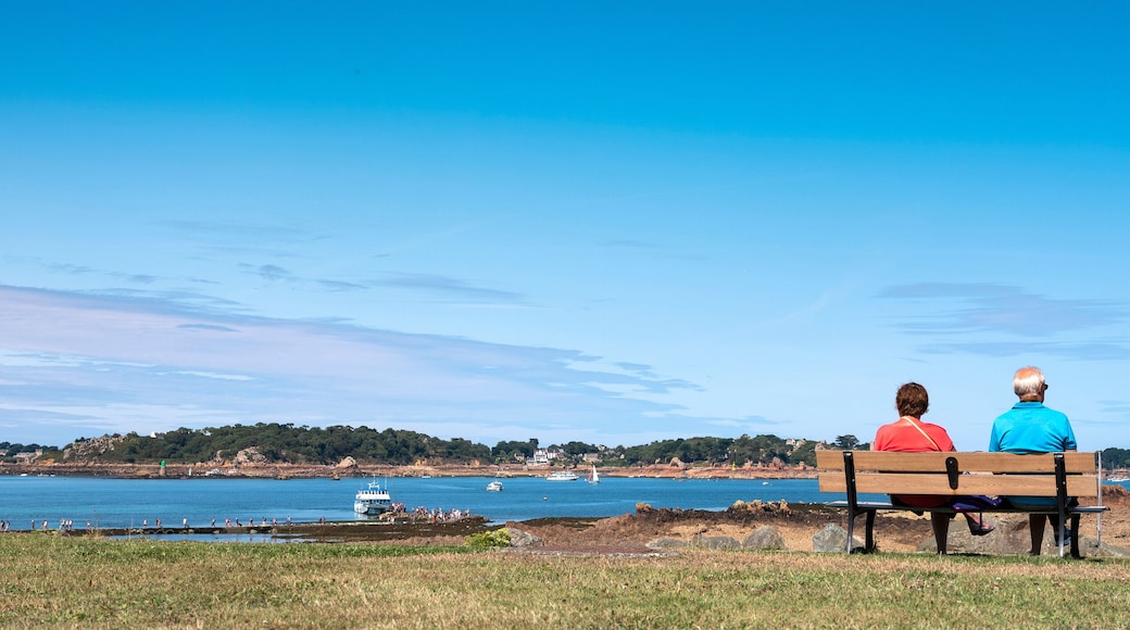 couple on bench looks at ferry to ile de brehat in french brittany