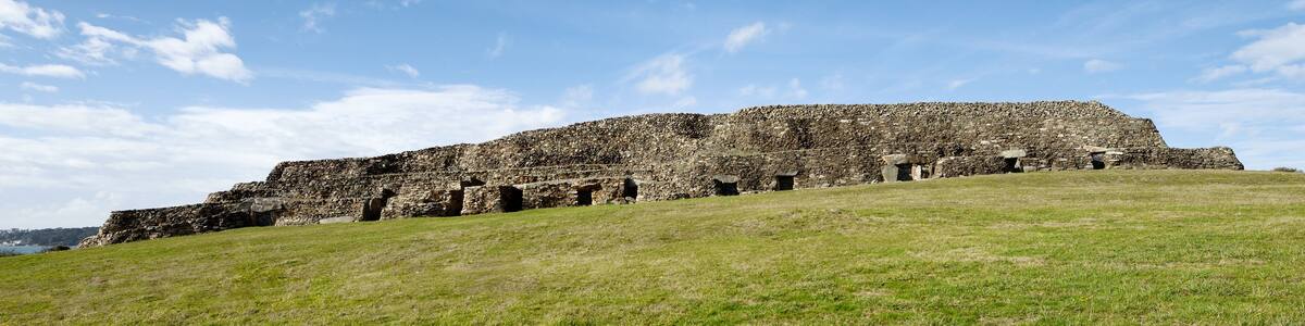 Early Neolithic 6800 year old Cairn Tumulus Mound of Barnenez contains 11 passage grave chambers. Plouezoc’h, Finistere, France