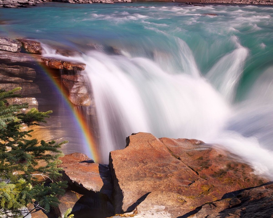 Athabasca Falls. A little rainbow from the mist of the waterfall.