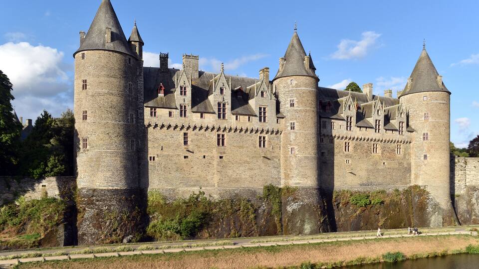 A large medieval castle with multiple towers and a moat.