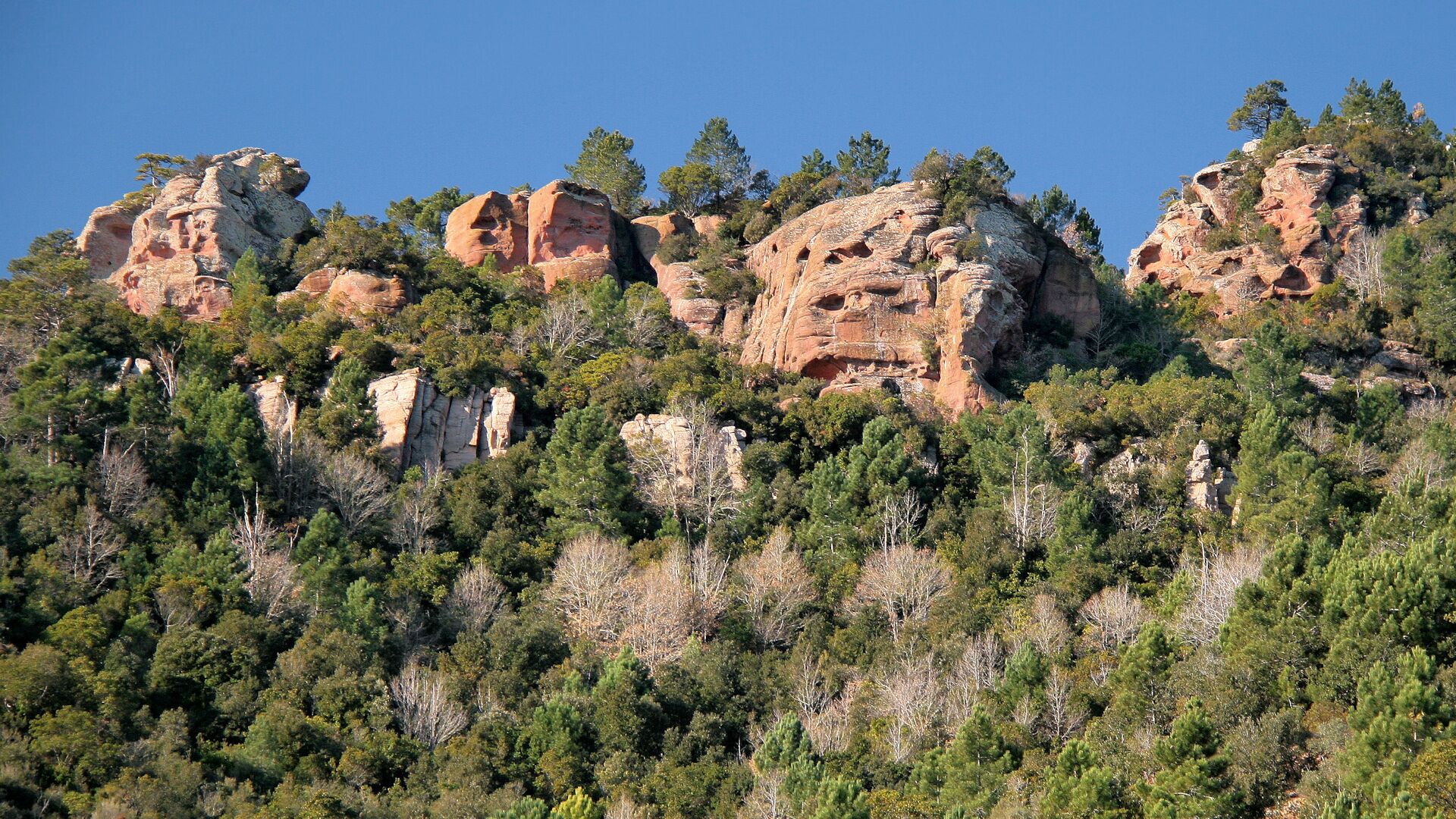 A rugged mountain landscape with prominent rock formations and dense forest.