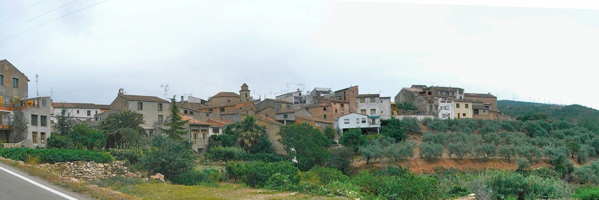 A hillside village with traditional stone houses, olive groves, and a road in the foreground.