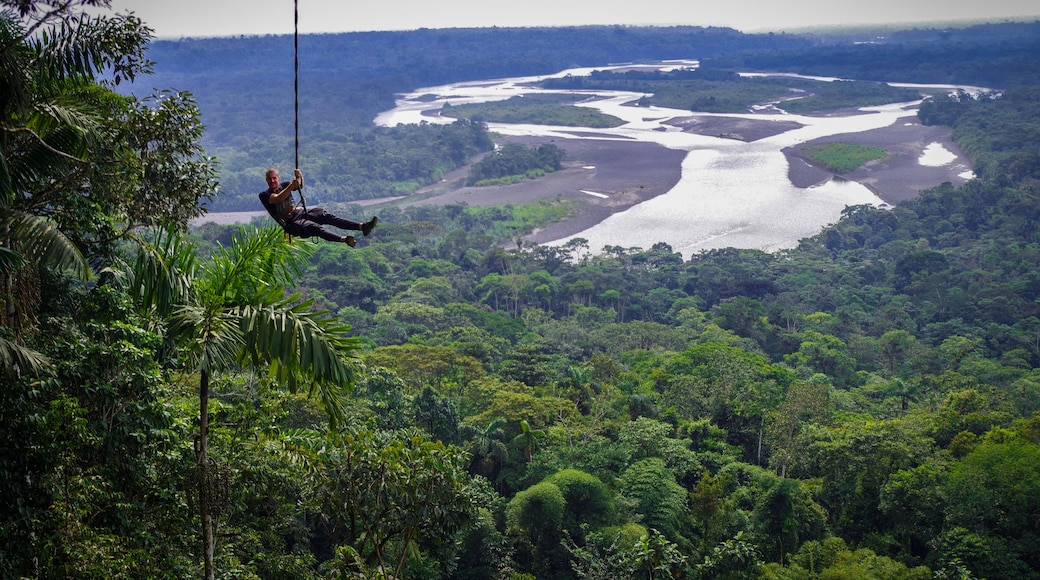 Tourist having fun in the air held by a rope. Fabulous Amazonian landscape where you can appreciate the immensity of the jungle and a huge river.