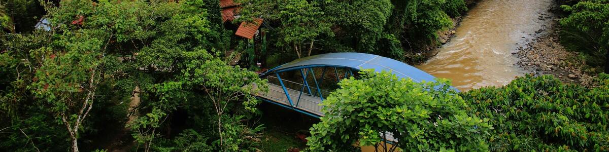 Bridge over brown river leading to houses in the middel of the jungle