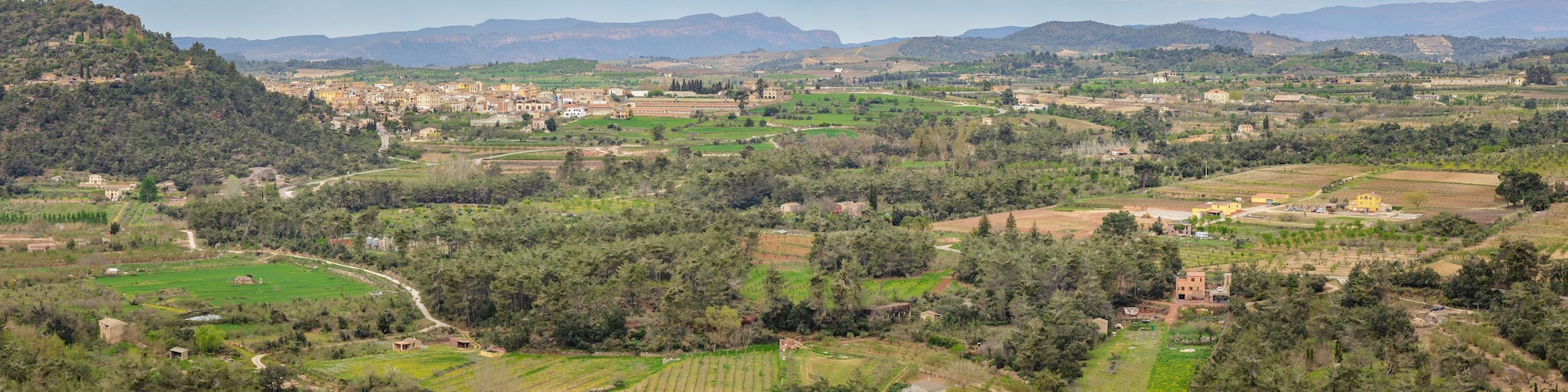 Paisagem rural com colinas onduladas, edifícios dispersos e uma combinação de campos cultivados e florestas.