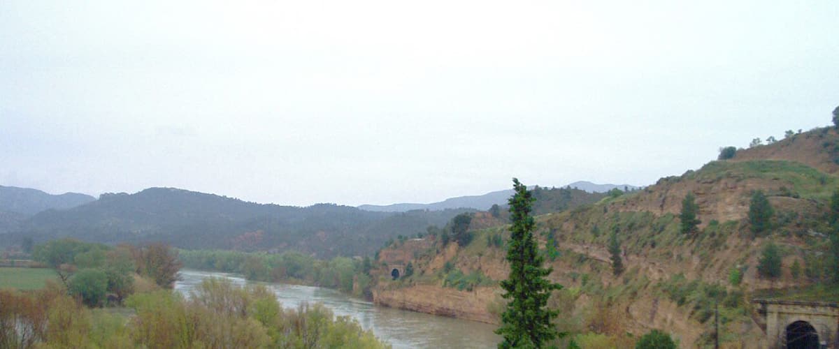 A river flowing through a valley with hills in the background and a railway track with a tunnel.