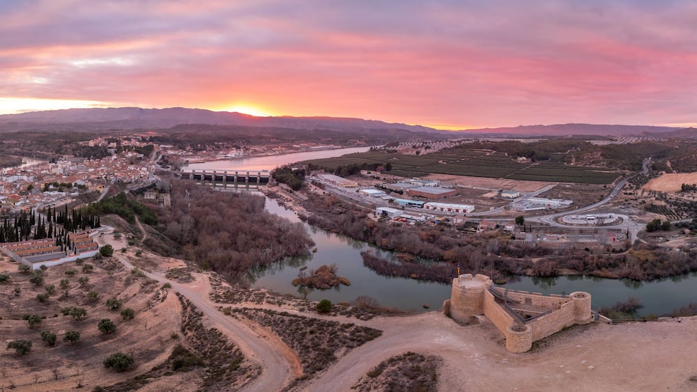 A river valley with a bridge, a castle, and a town with buildings and fields.