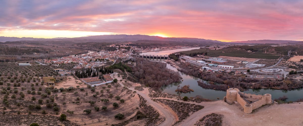 A river valley with a bridge, a castle, and a town with buildings and fields.