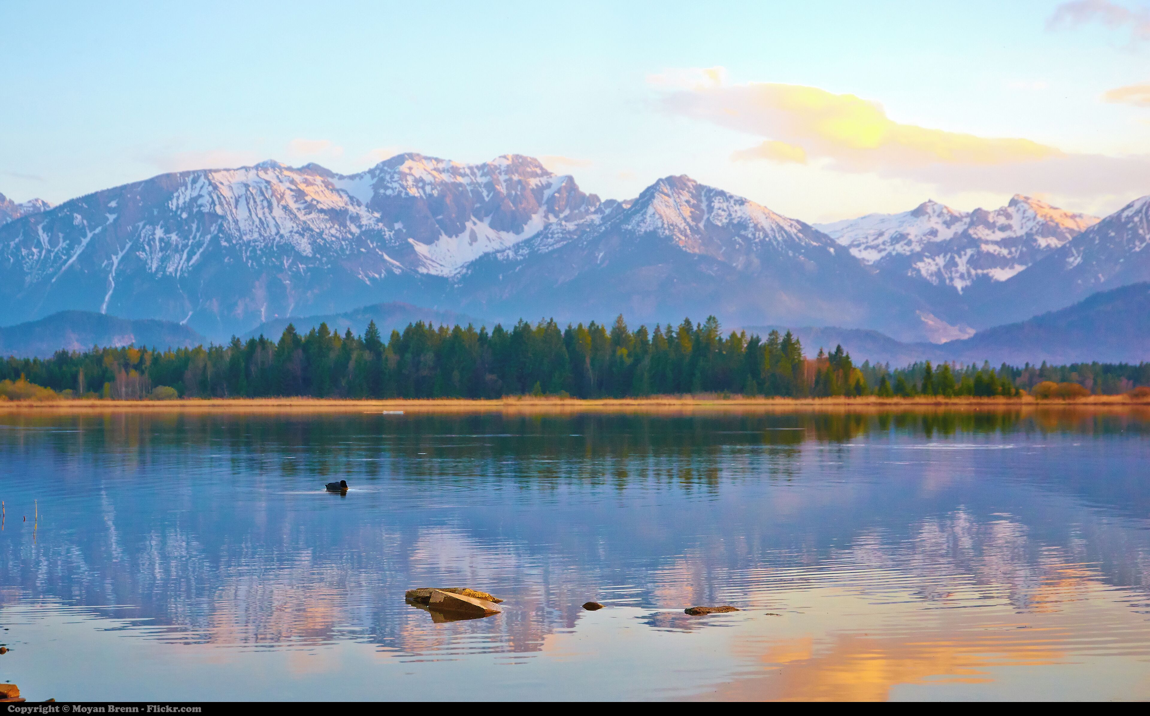 A calm lake with a reflection of mountains and trees.
