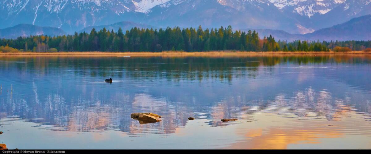 A calm lake with a reflection of mountains and trees.
