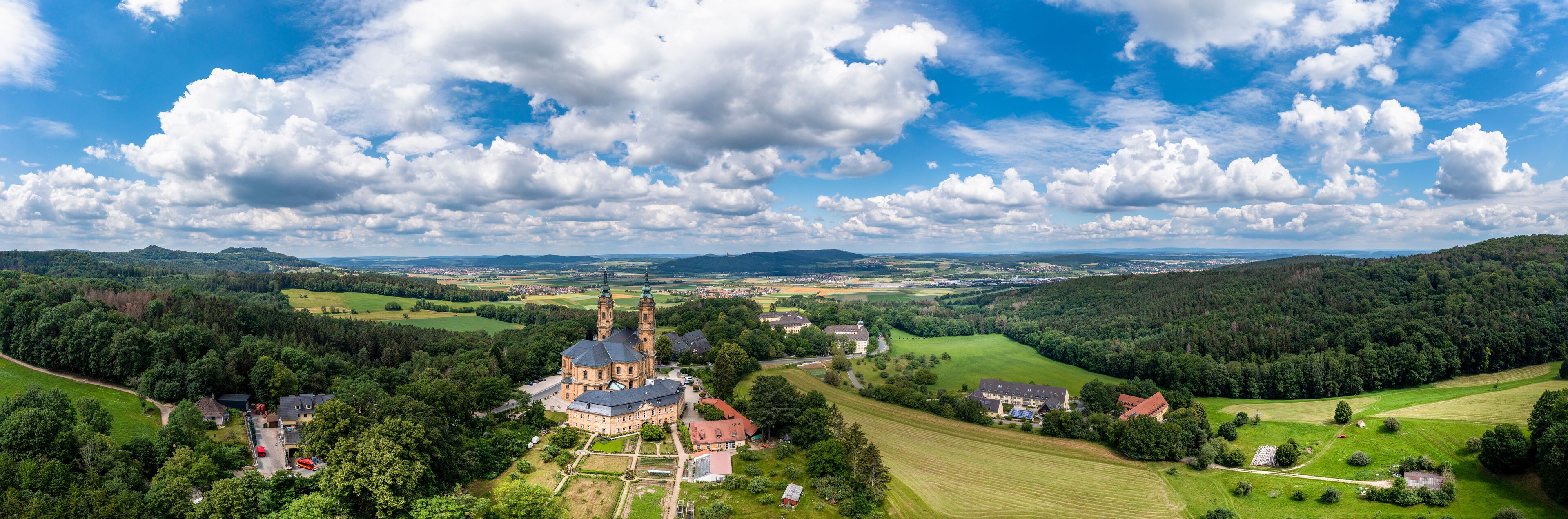 Aerial view, Basilica Vierzehnheiligen, Upper Main Valley, Franconia, Bavaria, Germany,