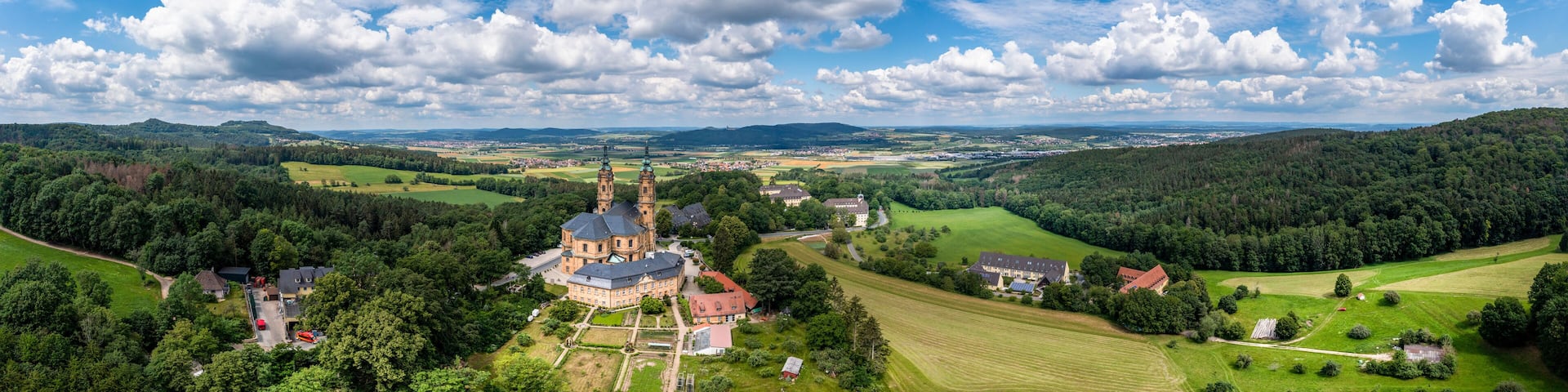 Aerial view, Basilica Vierzehnheiligen, Upper Main Valley, Franconia, Bavaria, Germany,