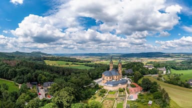 Vista aérea de uma igreja histórica com duas torres, rodeada por campos verdes exuberantes e florestas.