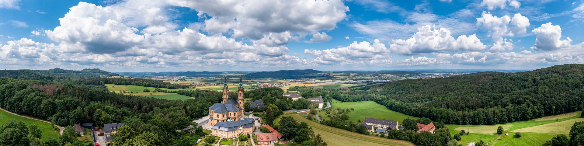 Aerial view, Basilica Vierzehnheiligen, Upper Main Valley, Franconia, Bavaria, Germany,