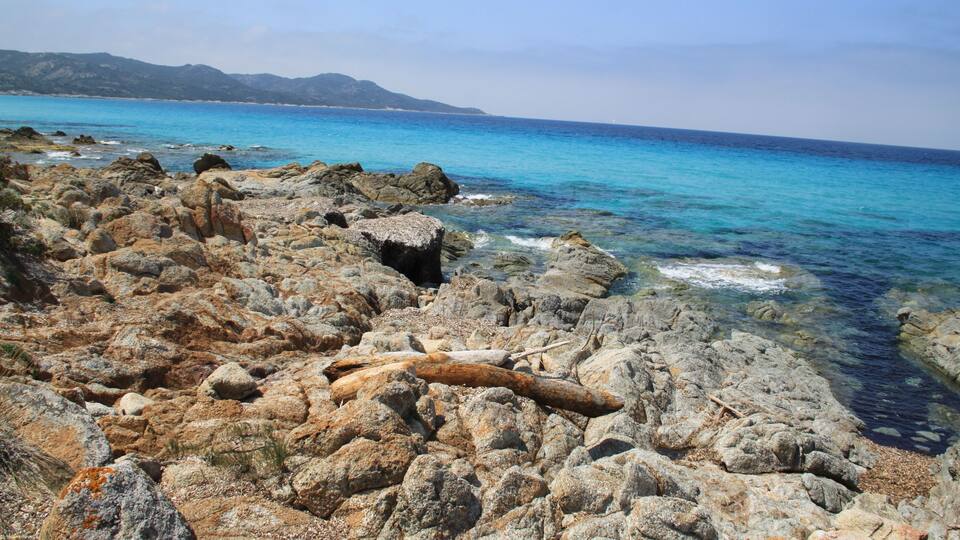 A rocky shoreline with clear blue water and distant mountains.