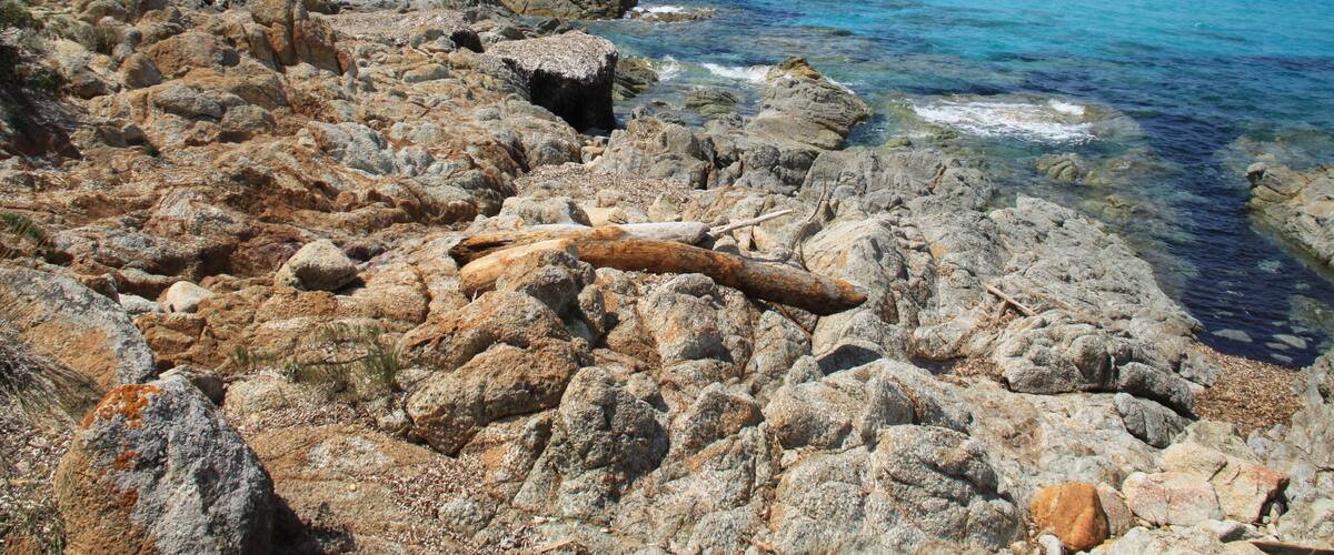 A rocky shoreline with clear blue water and distant mountains.