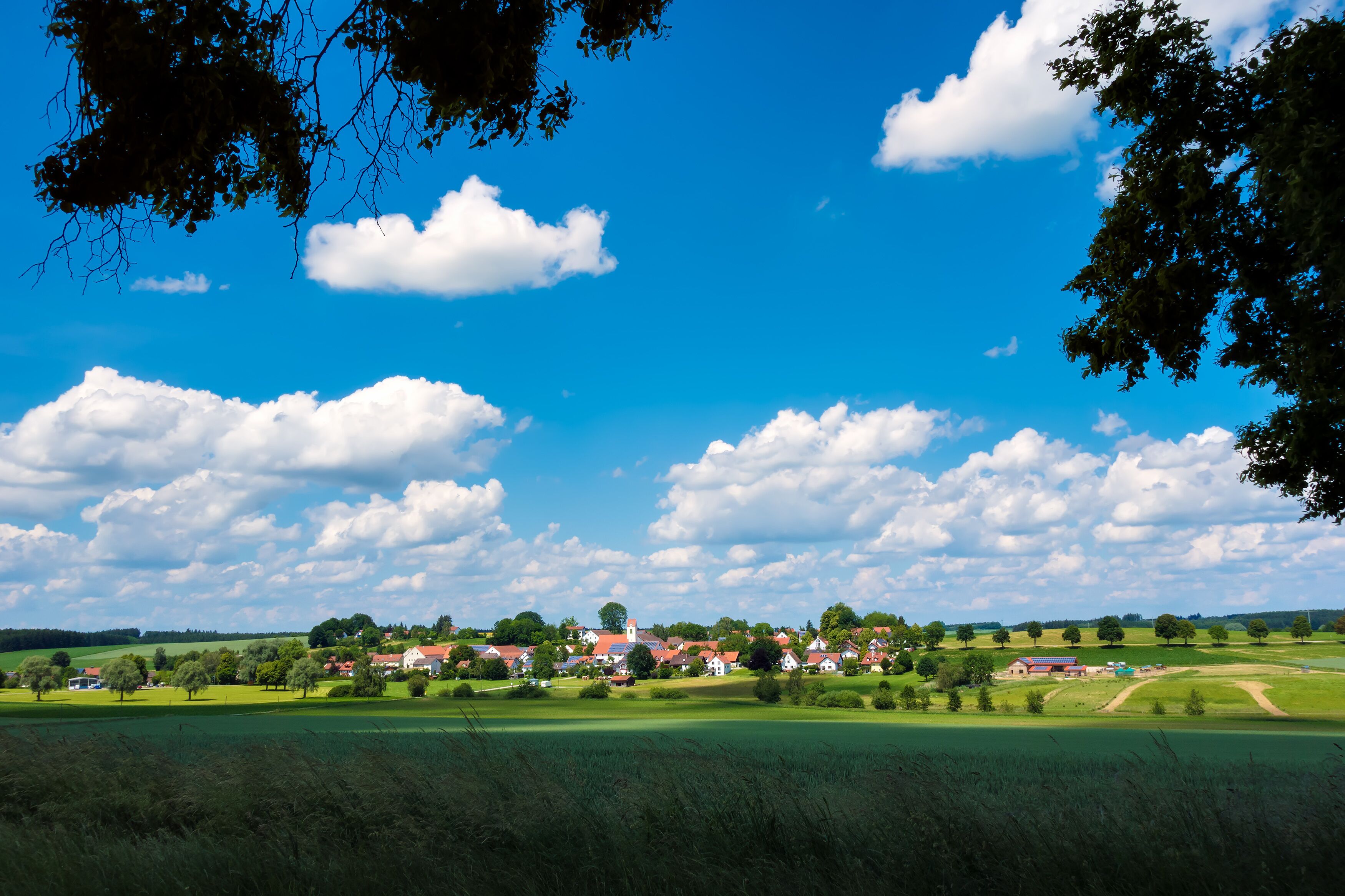 A rural landscape with a village, green fields, and a church.