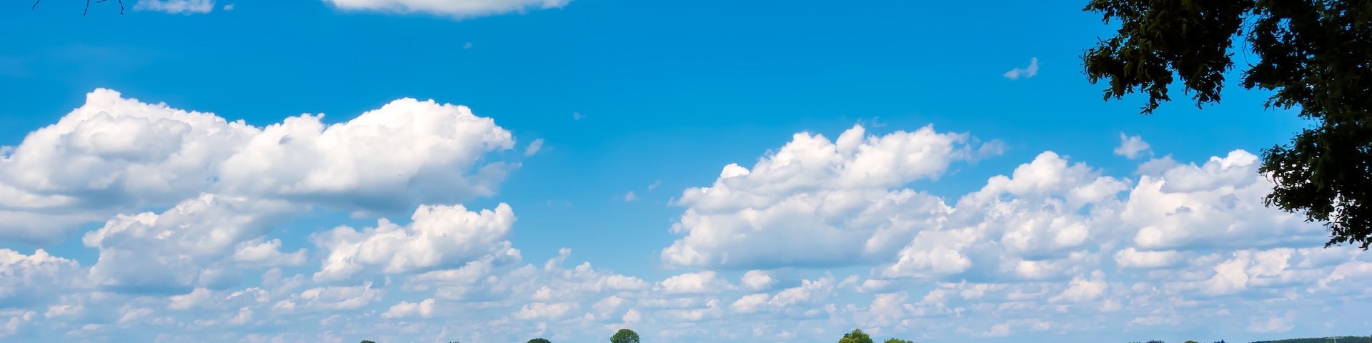 A rural landscape with a village, green fields, and a church.