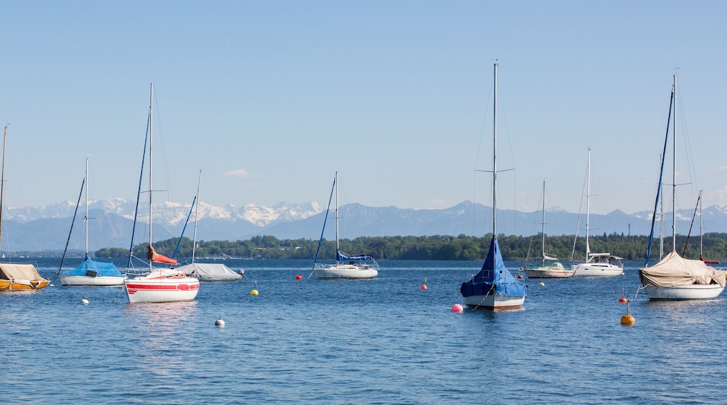 Panorama with anchoring sailboats at Starnberger See.
