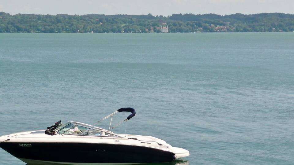 A boat on calm water with a forested shoreline in the background.
