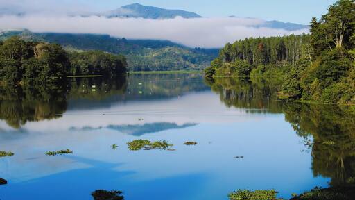 It was really early in the morning and the clouds still were touching the mountains, beautiful lake it was a peaceful experience